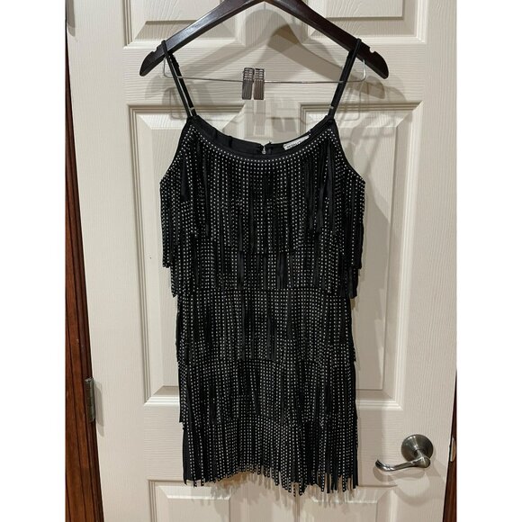 Black Studded Fringe Mini Dress With Adjustable Spaghetti Straps & Back Zipper C - Picture 7 of 8